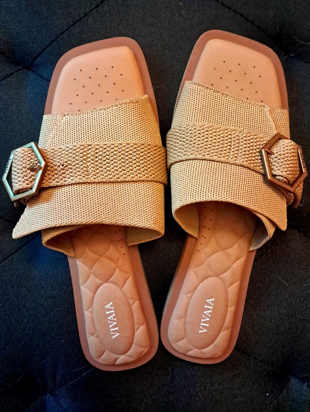 VIVAIA Tan Slide Sandals with Buckle Detail